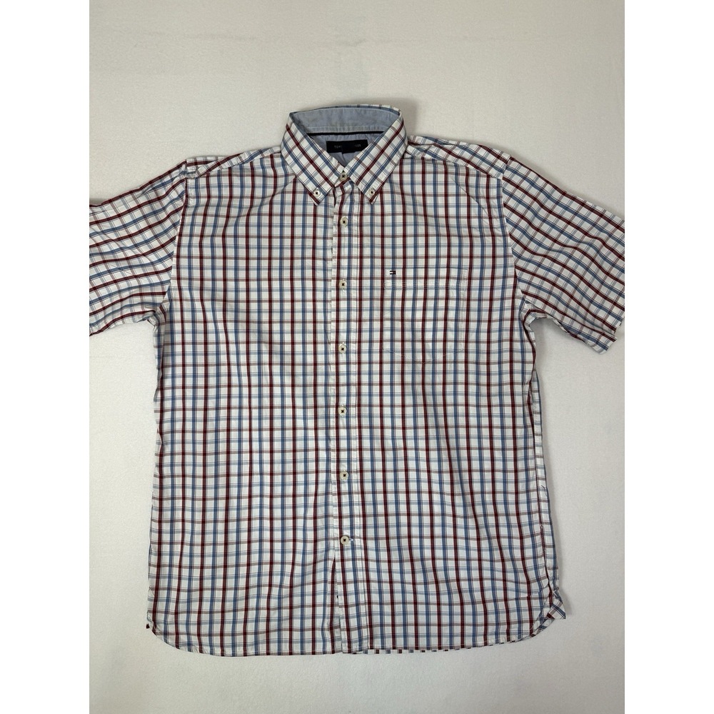 Tommy Hilfiger Mens Short Sleeve Plaid Button Down Shirt Red Blue White Pocket